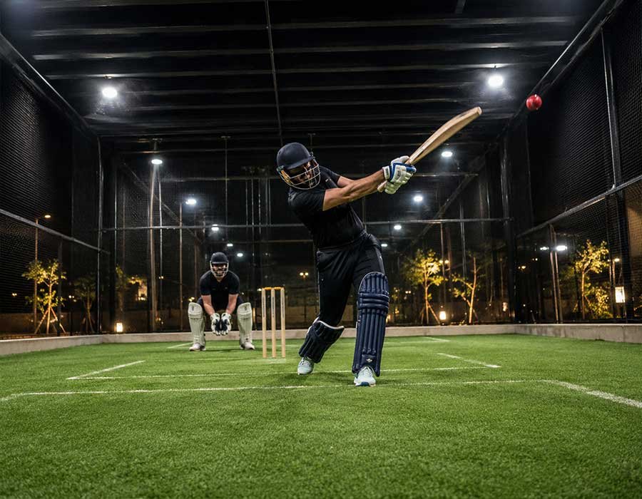 Players enjoying box cricket on enclosed artificial turf